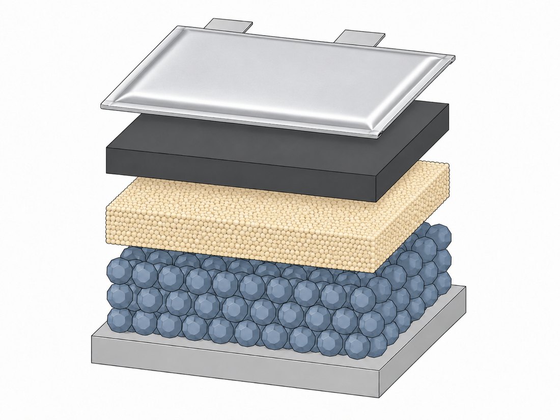 Schematic of an all-solid-state pouch cell built from dry-processed components